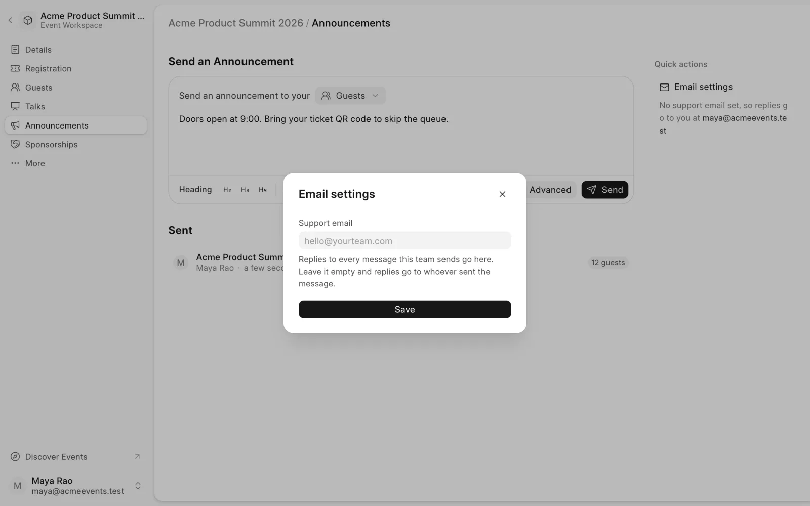 The Email settings dialog