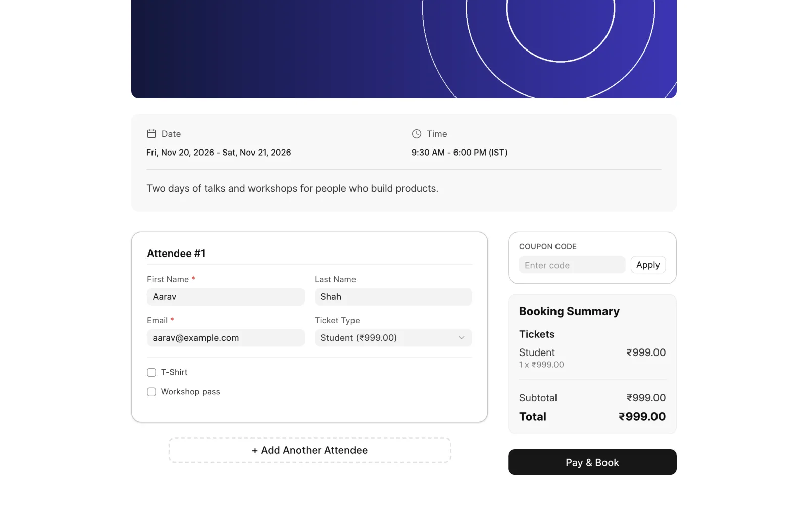 The booking form with add-ons and the booking summary