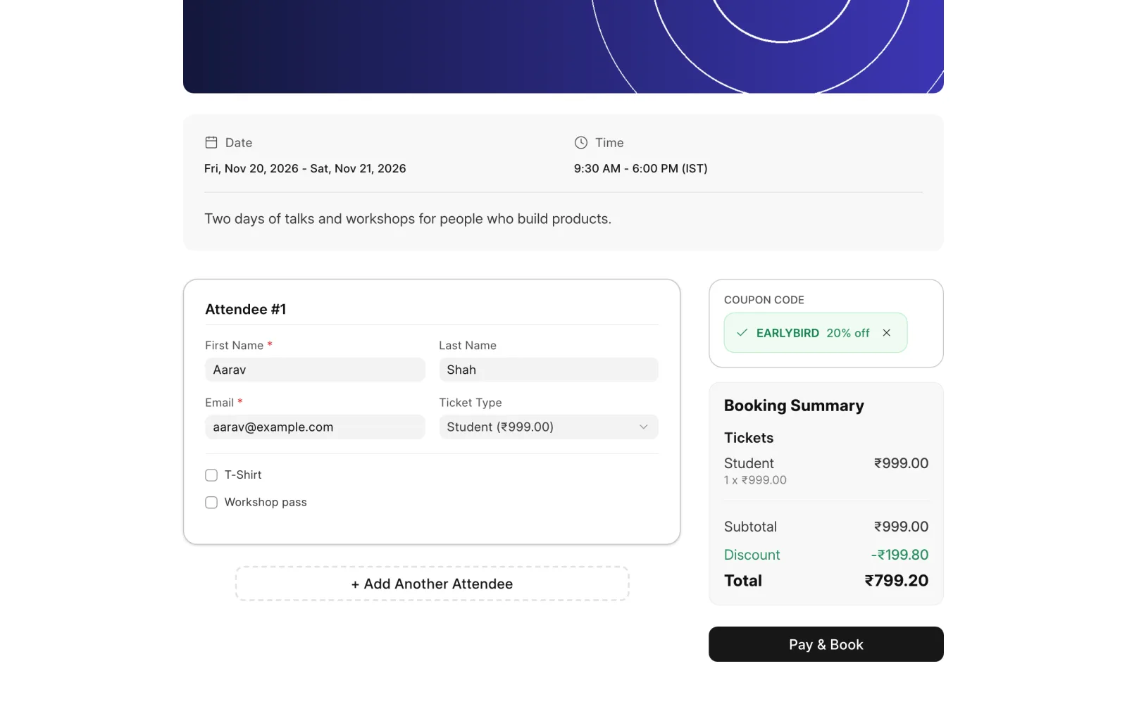 A 20% coupon applied to the booking