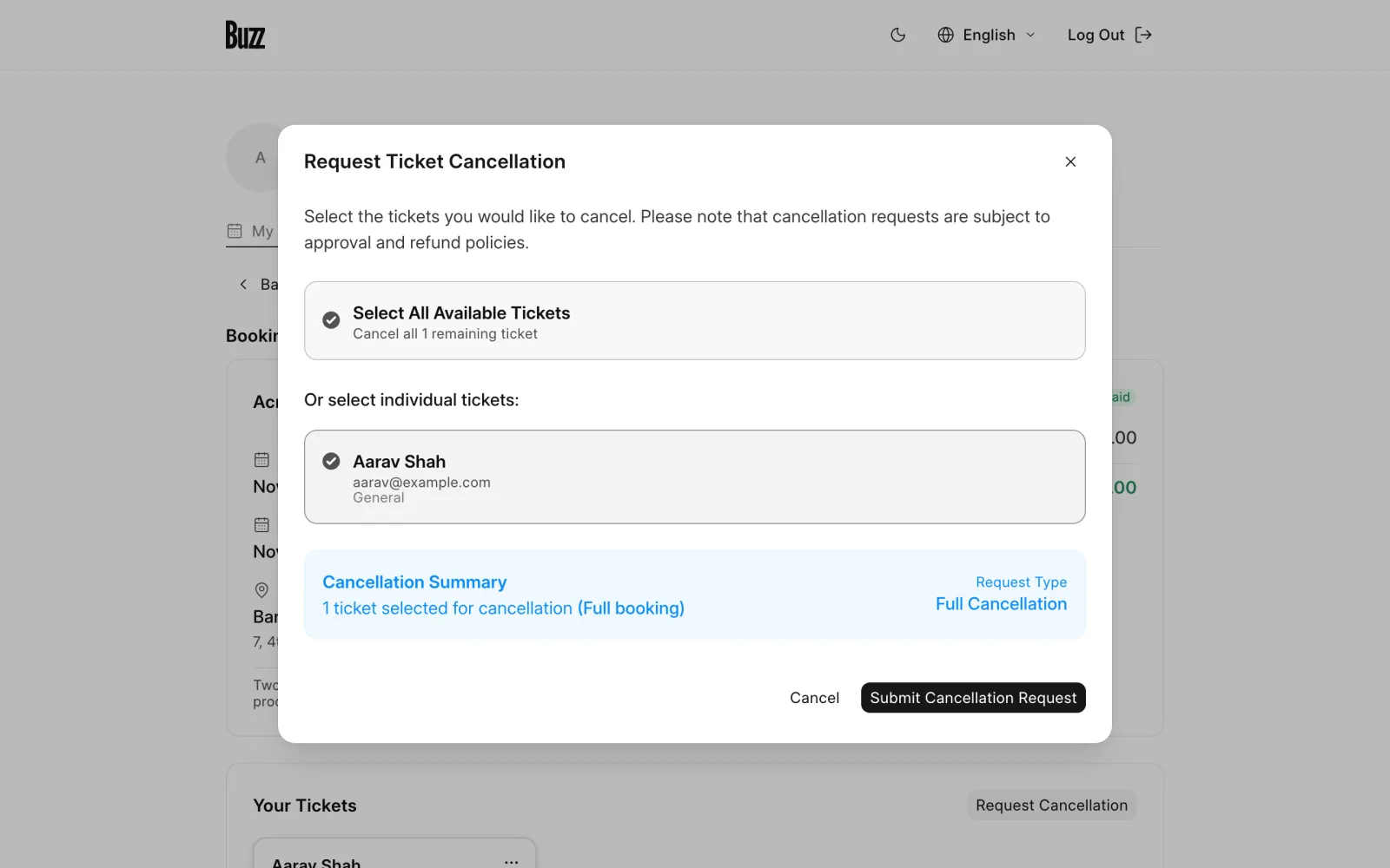 The Request Ticket Cancellation dialog