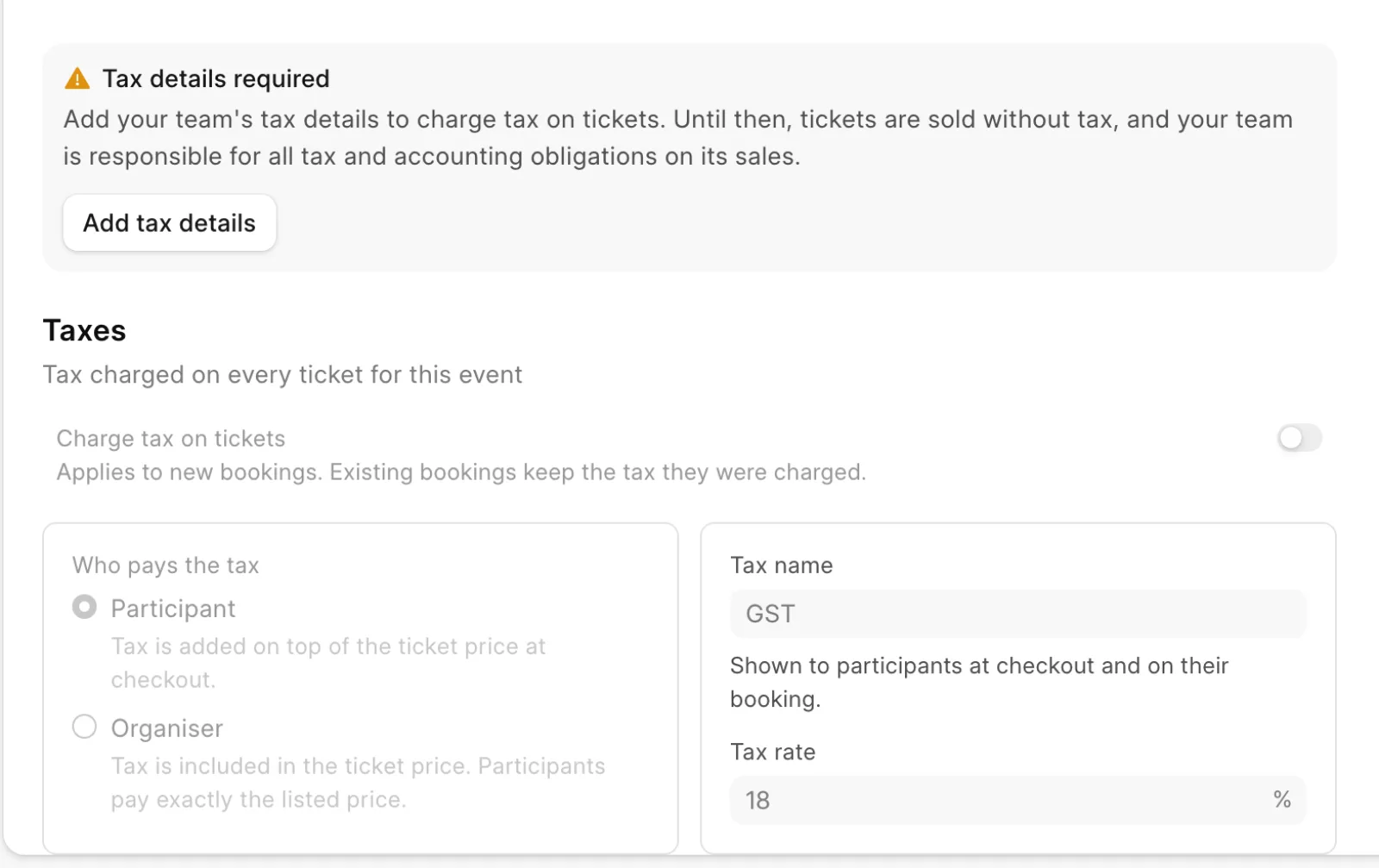 Taxes on the Registration page before tax details are added