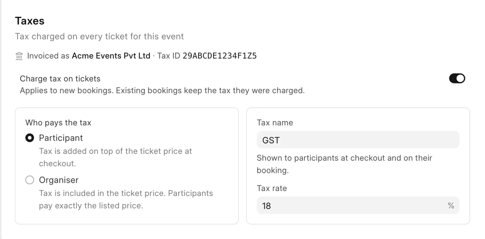 Tax turned on for an event
