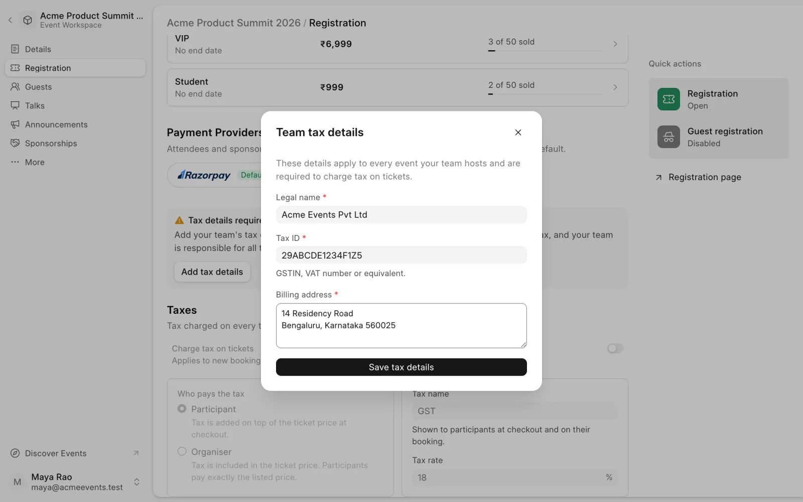 The Team tax details dialog