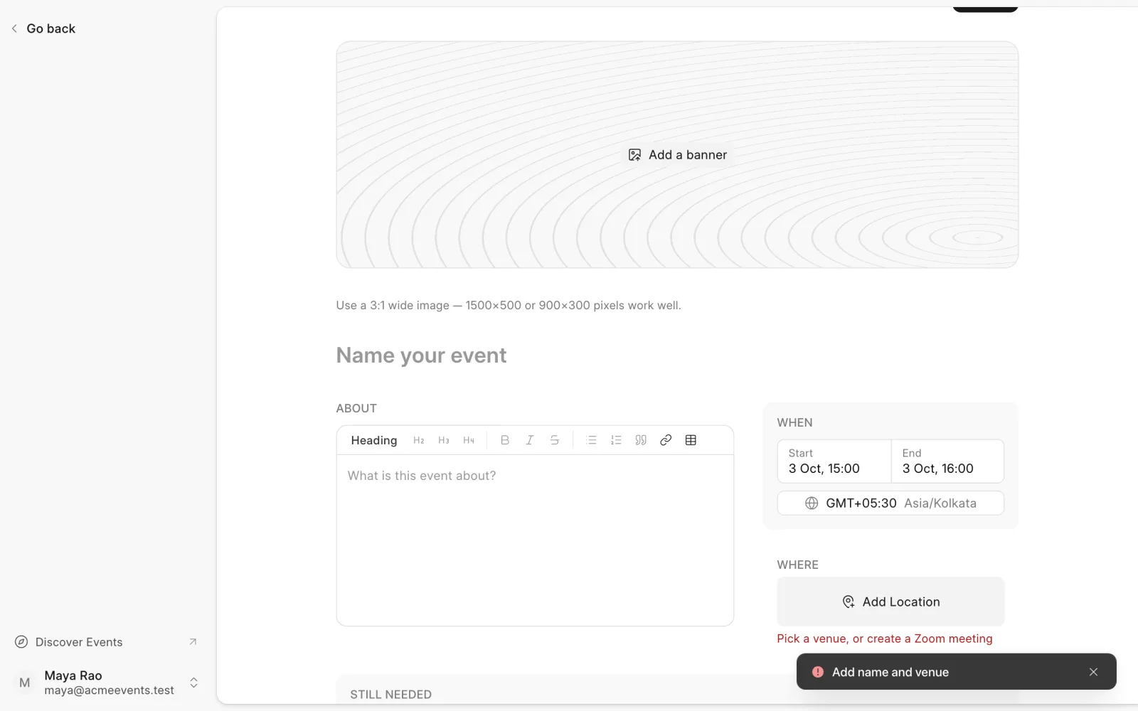 The create event page before anything is filled in