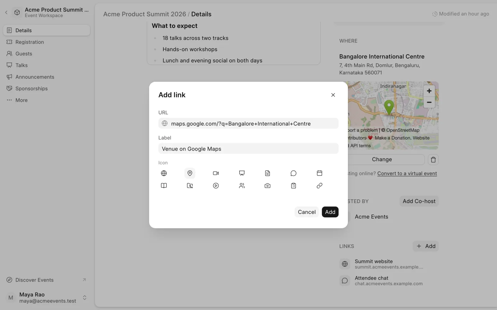The Add link dialog