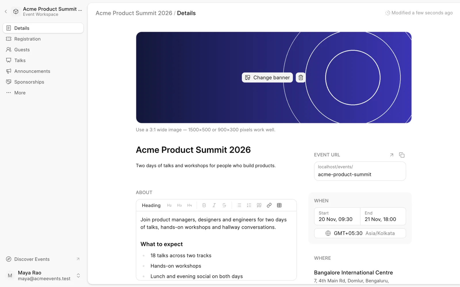 The Details page of an event