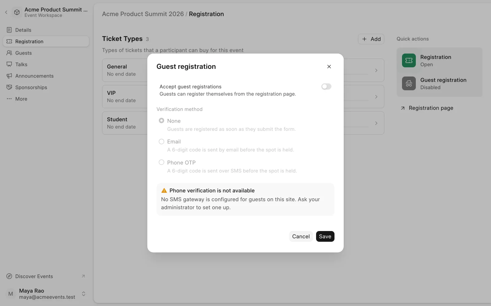 The Guest registration dialog