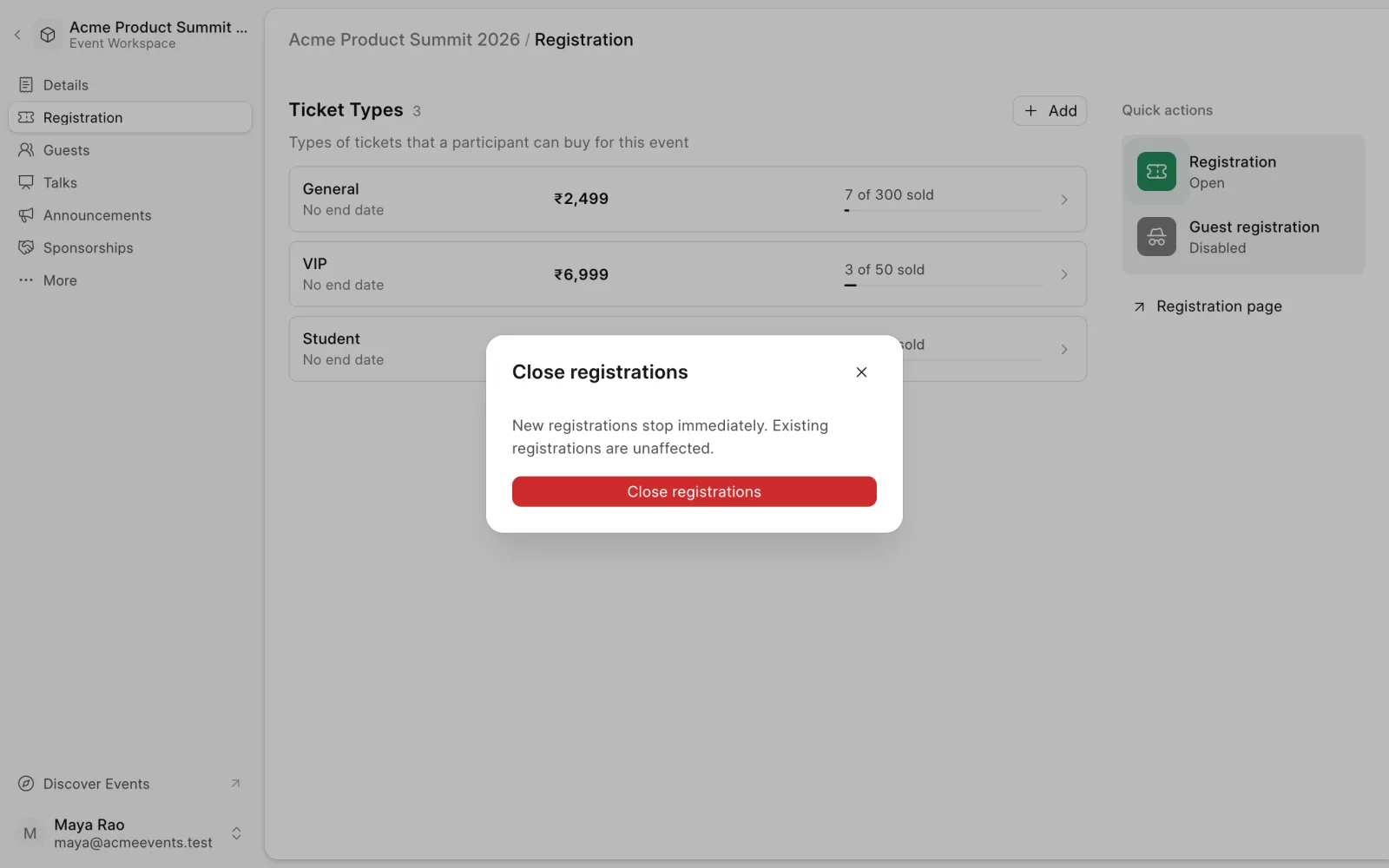 Confirming that registrations should close