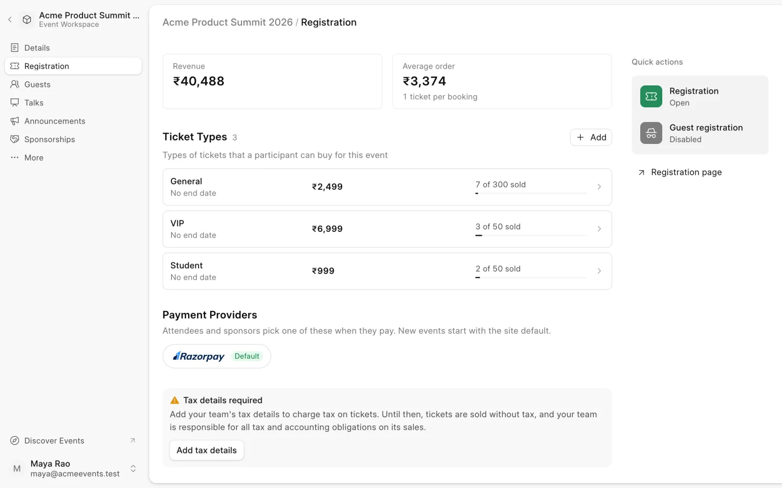 Ticket types on the Registration page