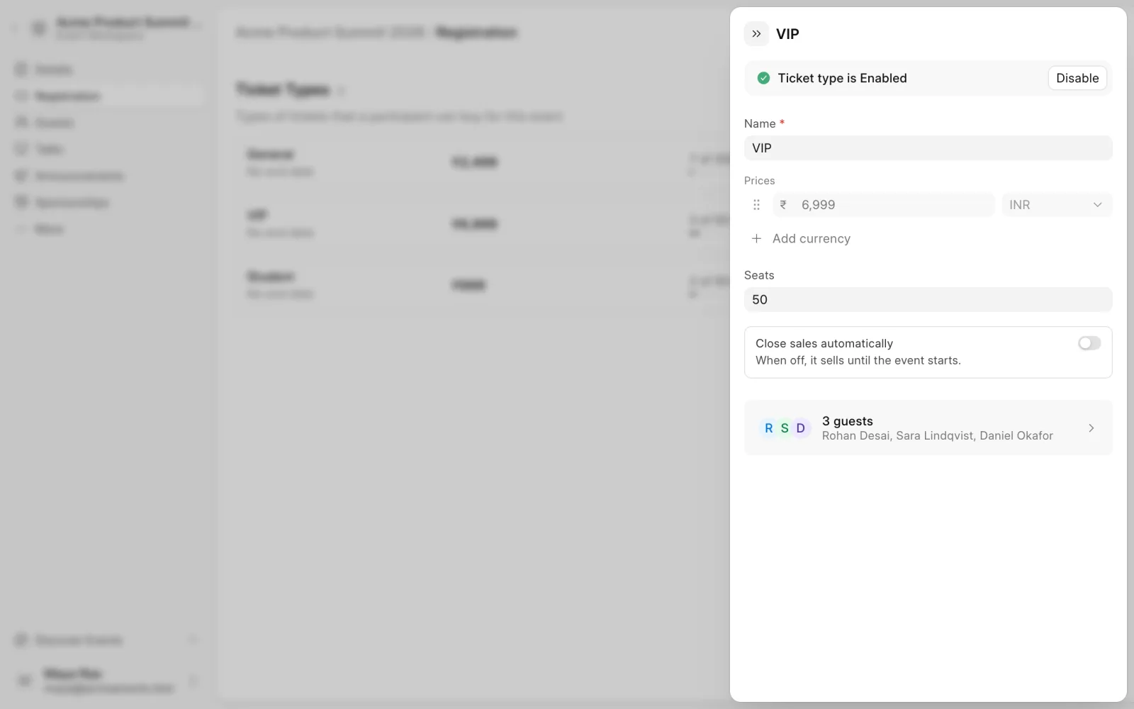 A ticket type opened for editing