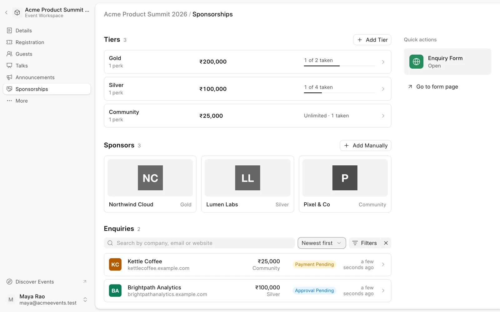 Tiers, sponsors and enquiries on the Sponsorships page