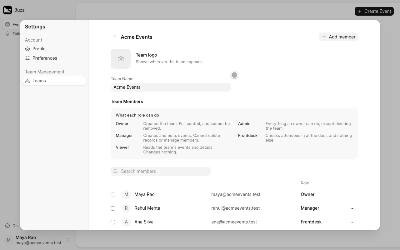The team page with the Add member button