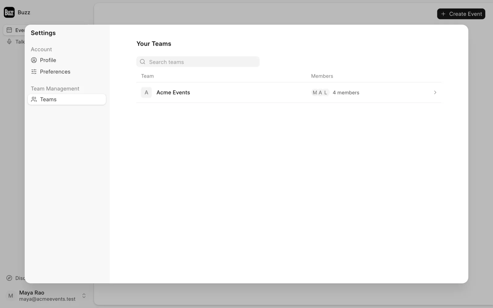 Settings with the Teams list