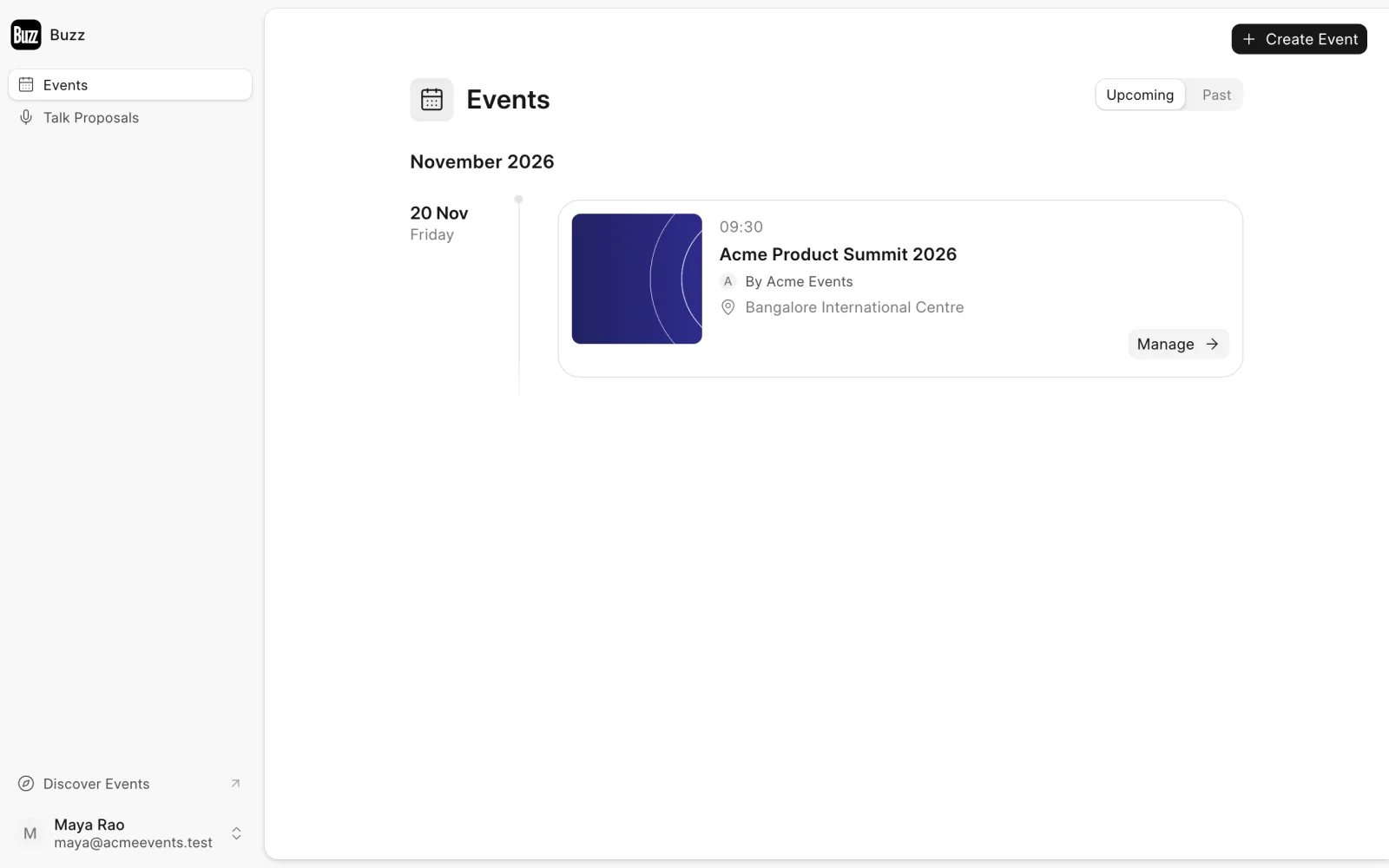 The Events list in the Buzz dashboard