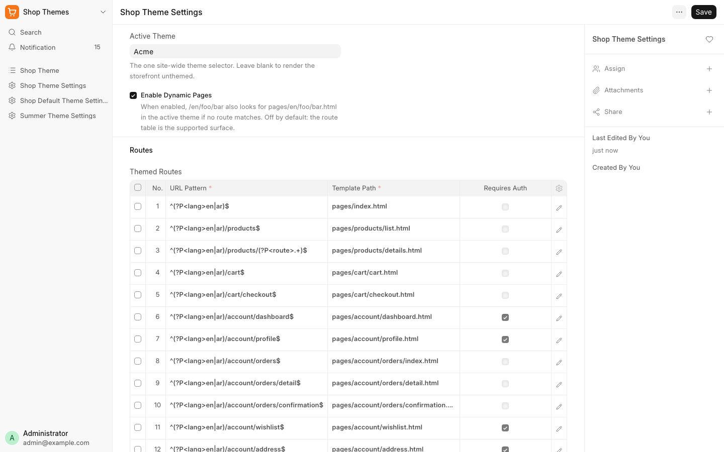 Shop Theme Settings with Active Theme set to Acme