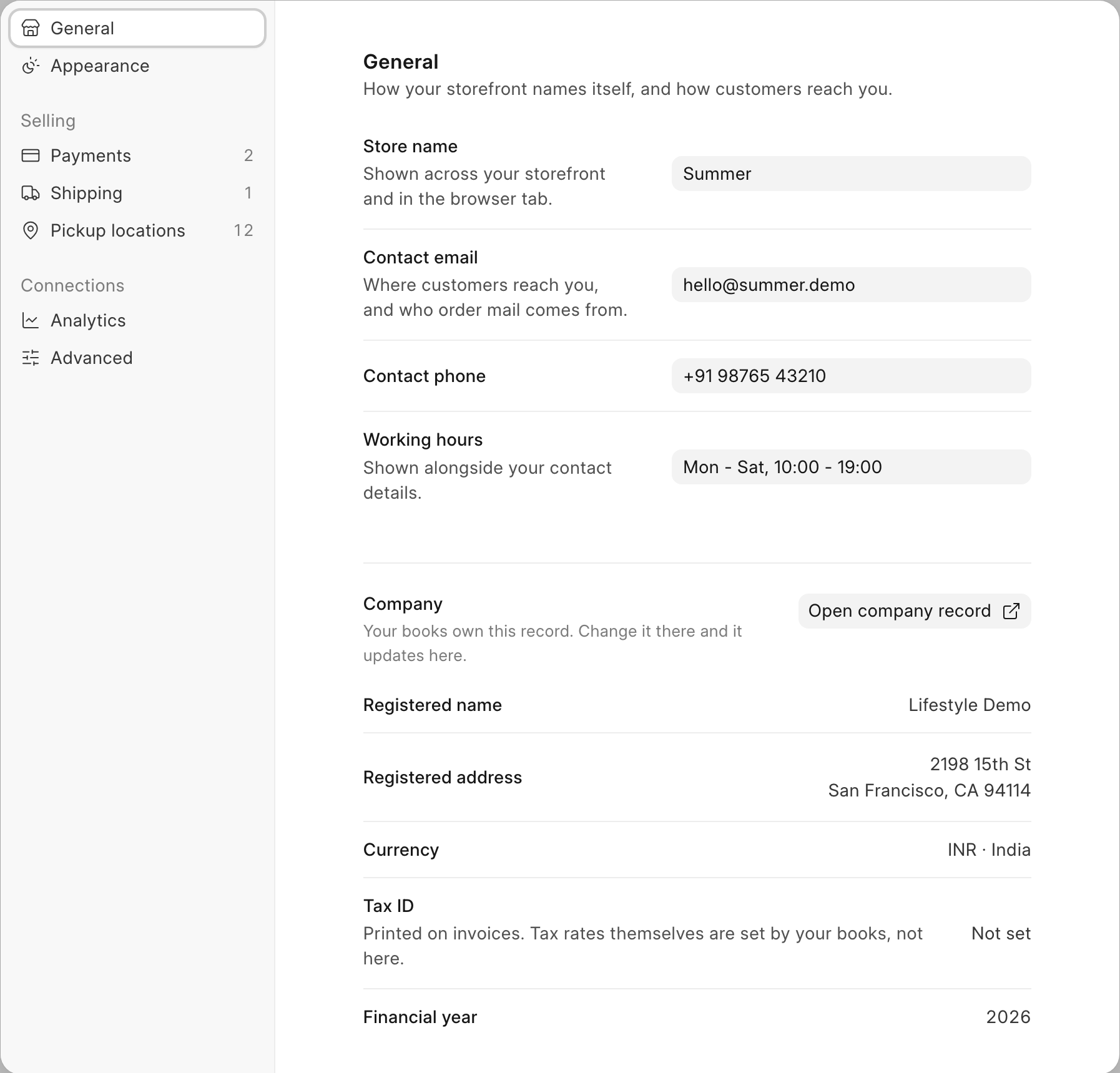 Settings dialog, General tab with contact fields and the Company block