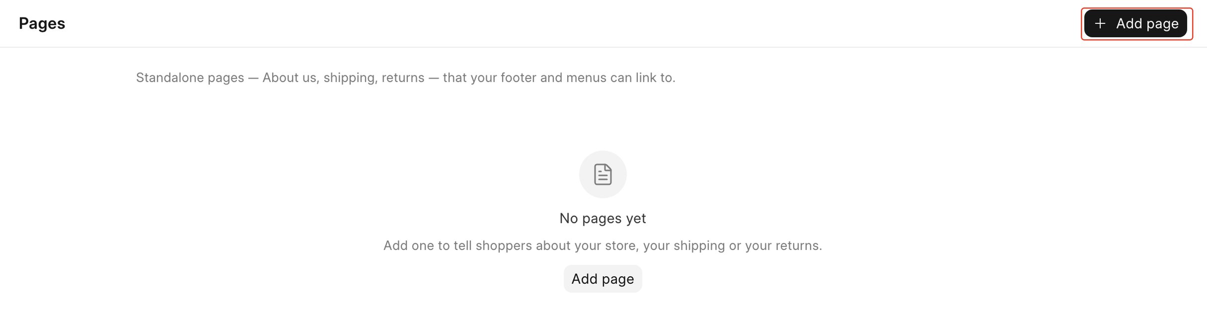 Pages with no pages yet, Add page boxed