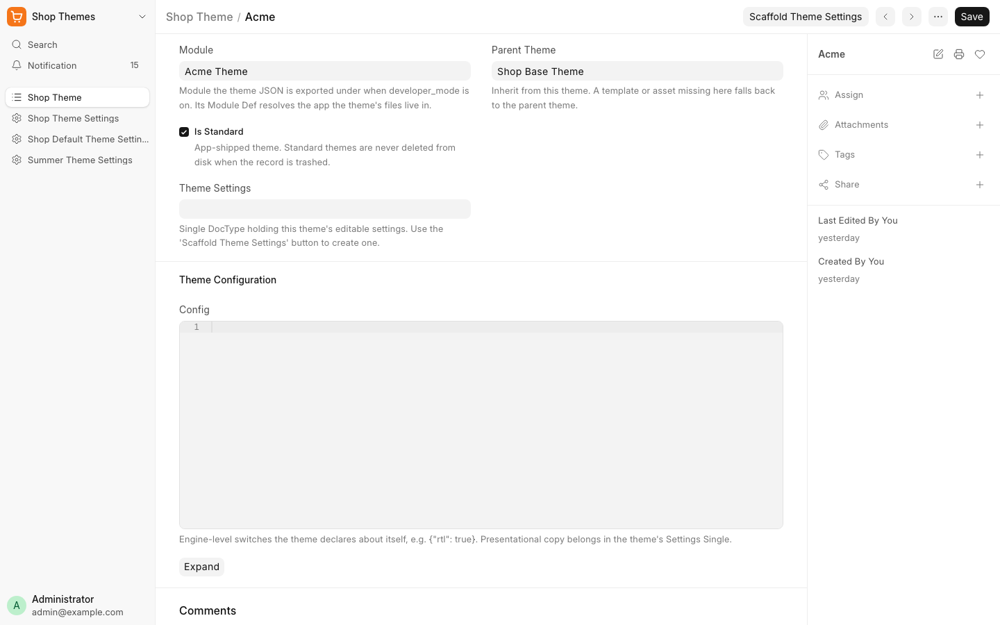 The saved Acme record with Module, Parent Theme and Is Standard