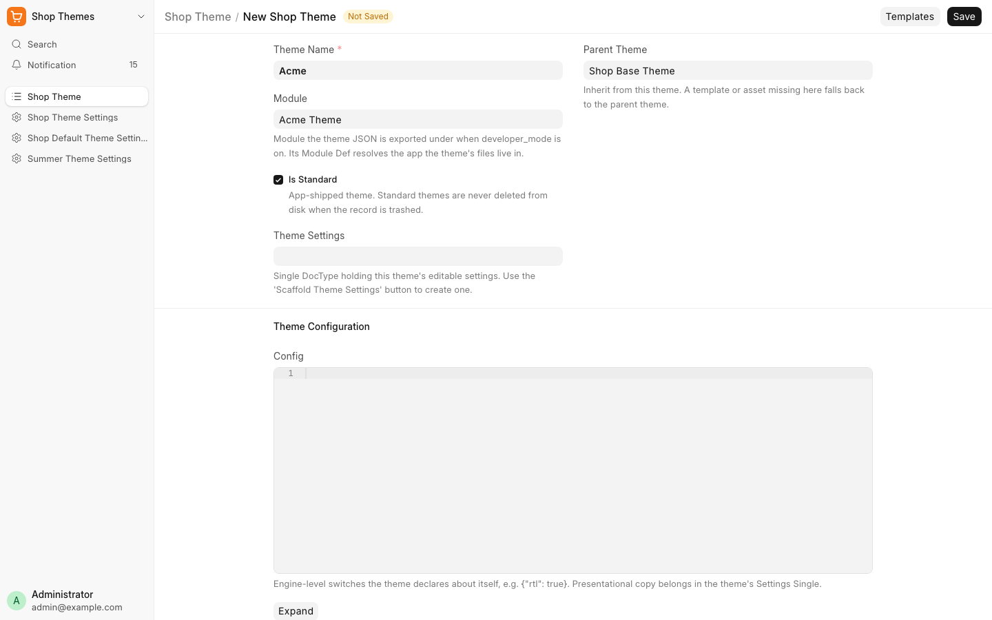 The new Shop Theme form with Theme Name, Module, Is Standard and Parent Theme filled in