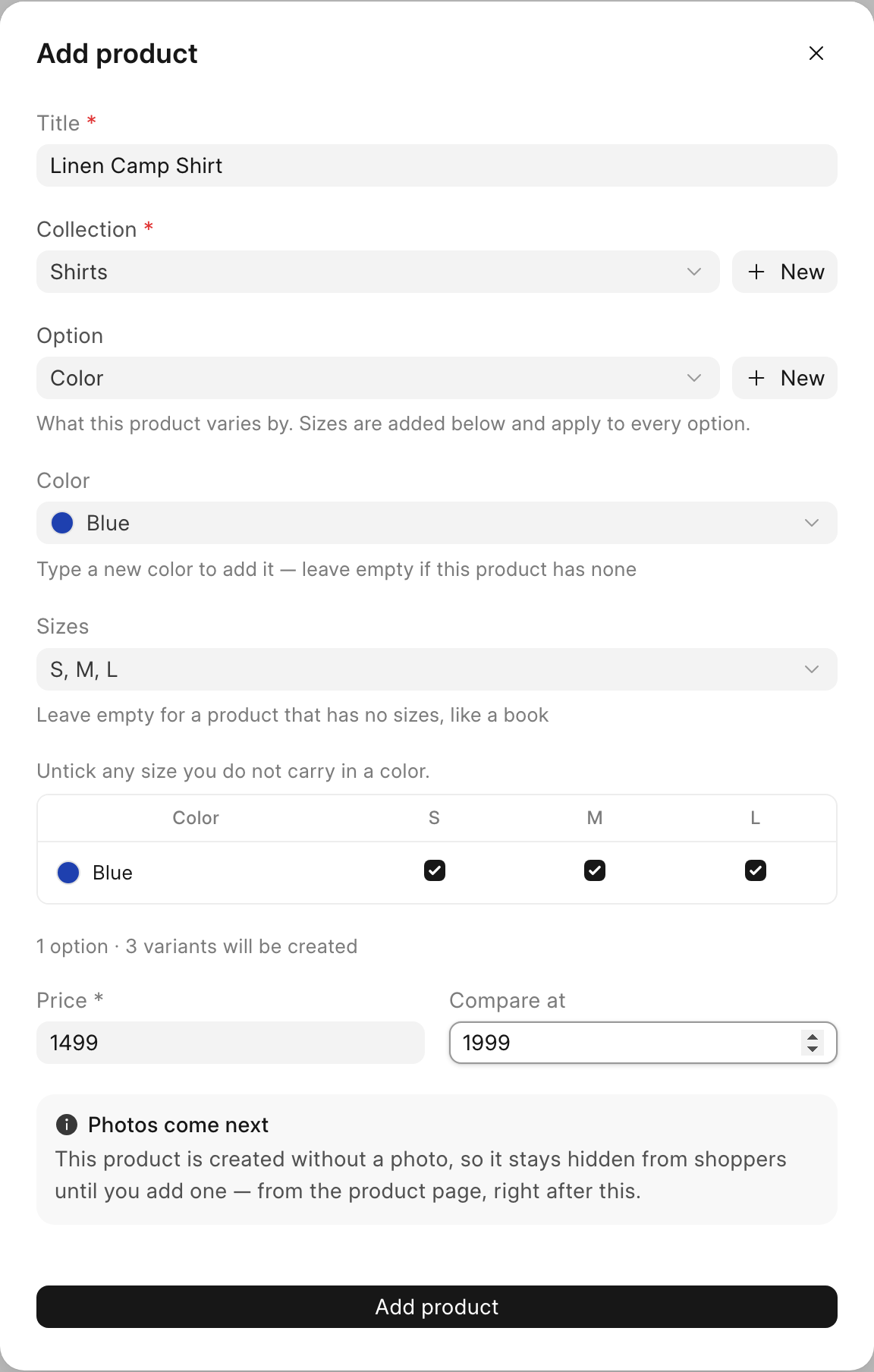 The Add product dialog filled in with title, collection, color, sizes and prices
