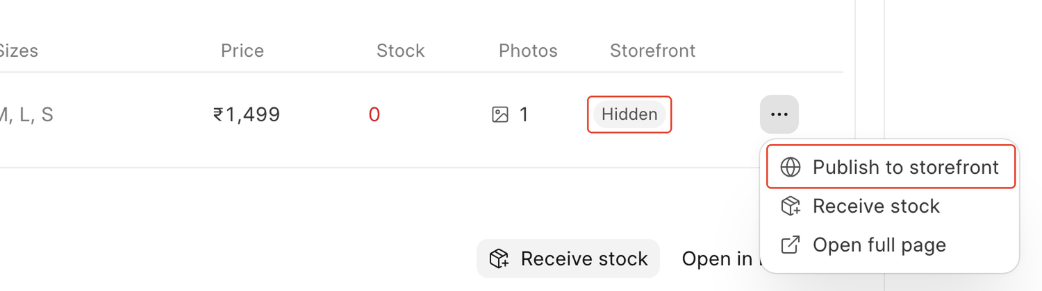 The row menu open with Publish to storefront boxed