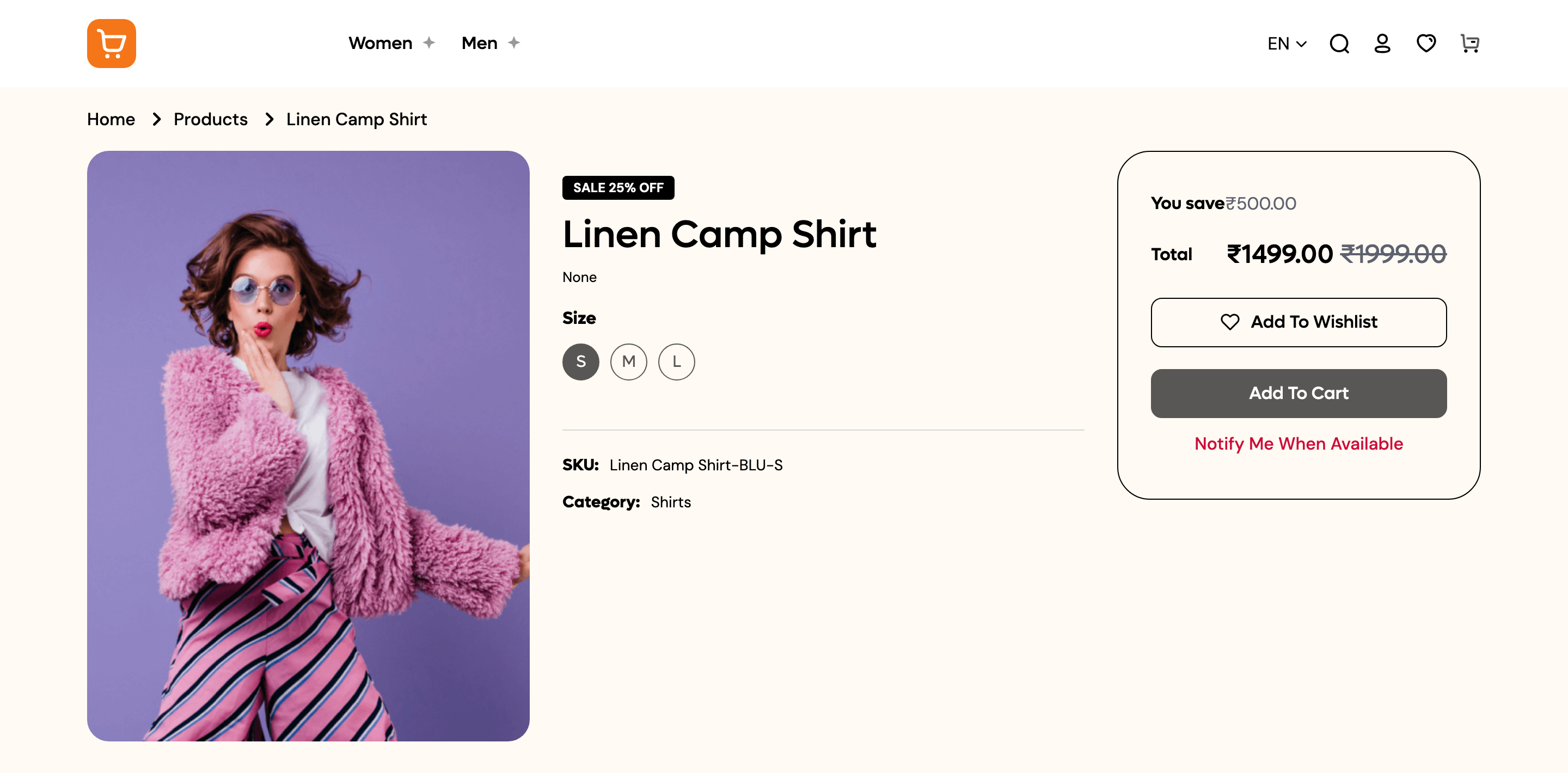 The product's storefront page with photo and price