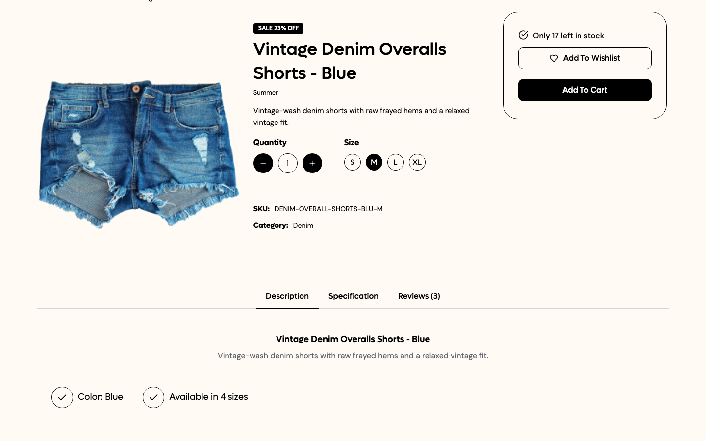 The same product page under Acme Catalog, without the price table