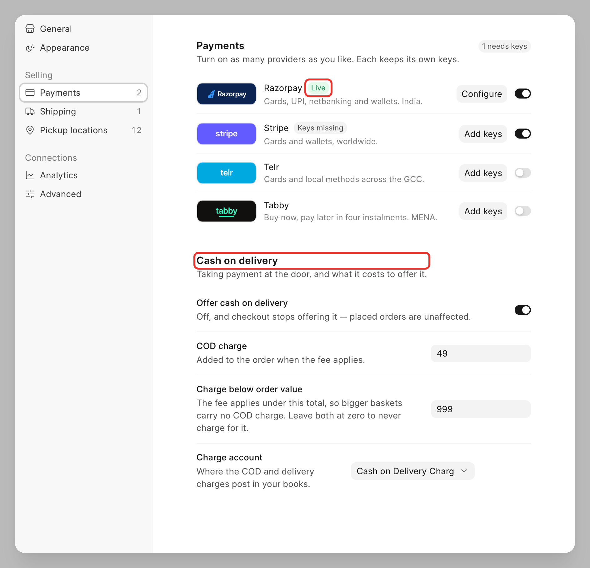 The payments panel with all four provider rows and the cash on delivery panel