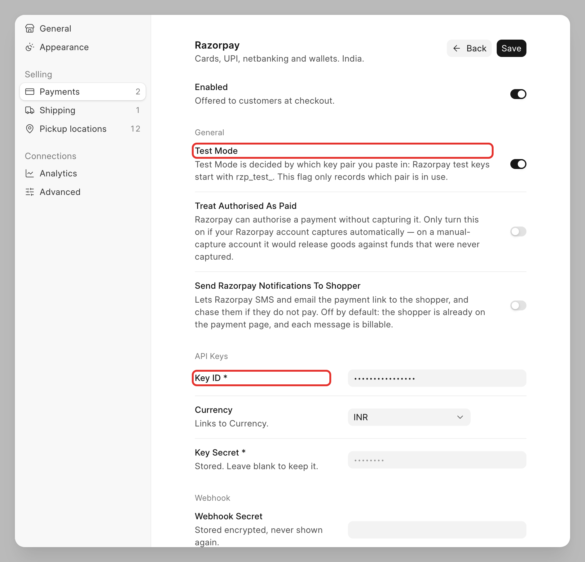 A provider's key form with the API key fields, keys masked