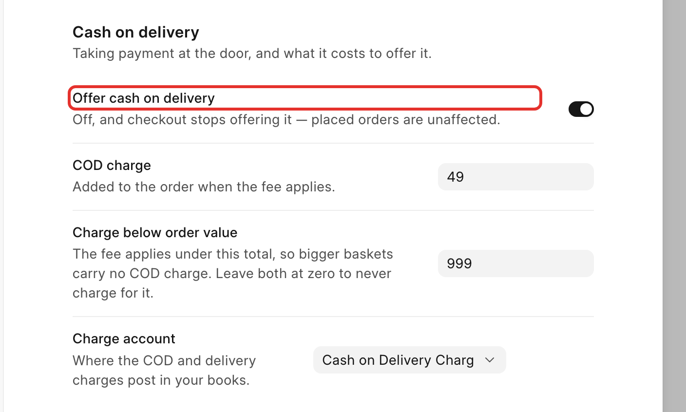 The cash on delivery panel with its charge settings