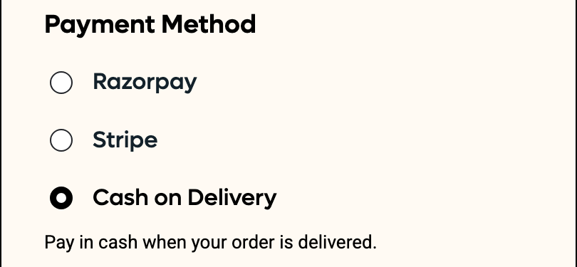 Checkout Payment Method list showing Razorpay, Stripe and Cash on Delivery