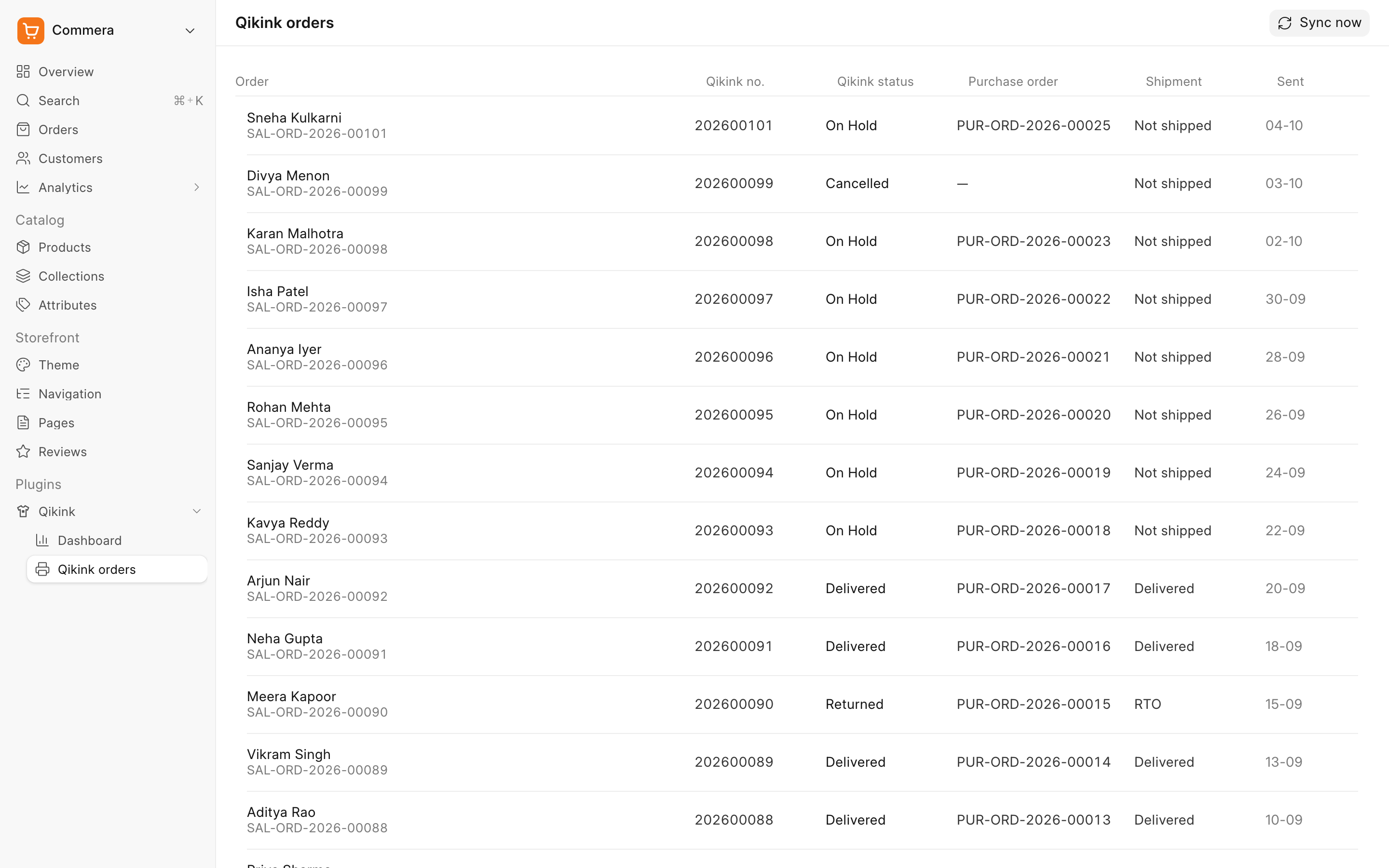 The Qikink orders page, with its title and Sync now button in the header