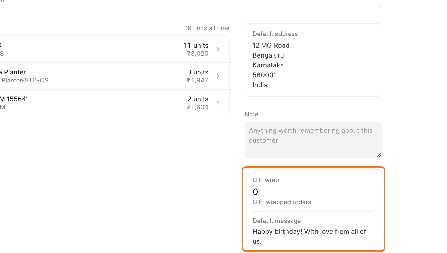 A Gift wrap card in the right column of a customer page