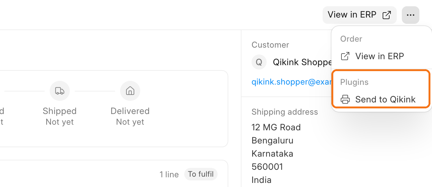 The More actions menu on an order, with Send to Qikink in the Plugins group