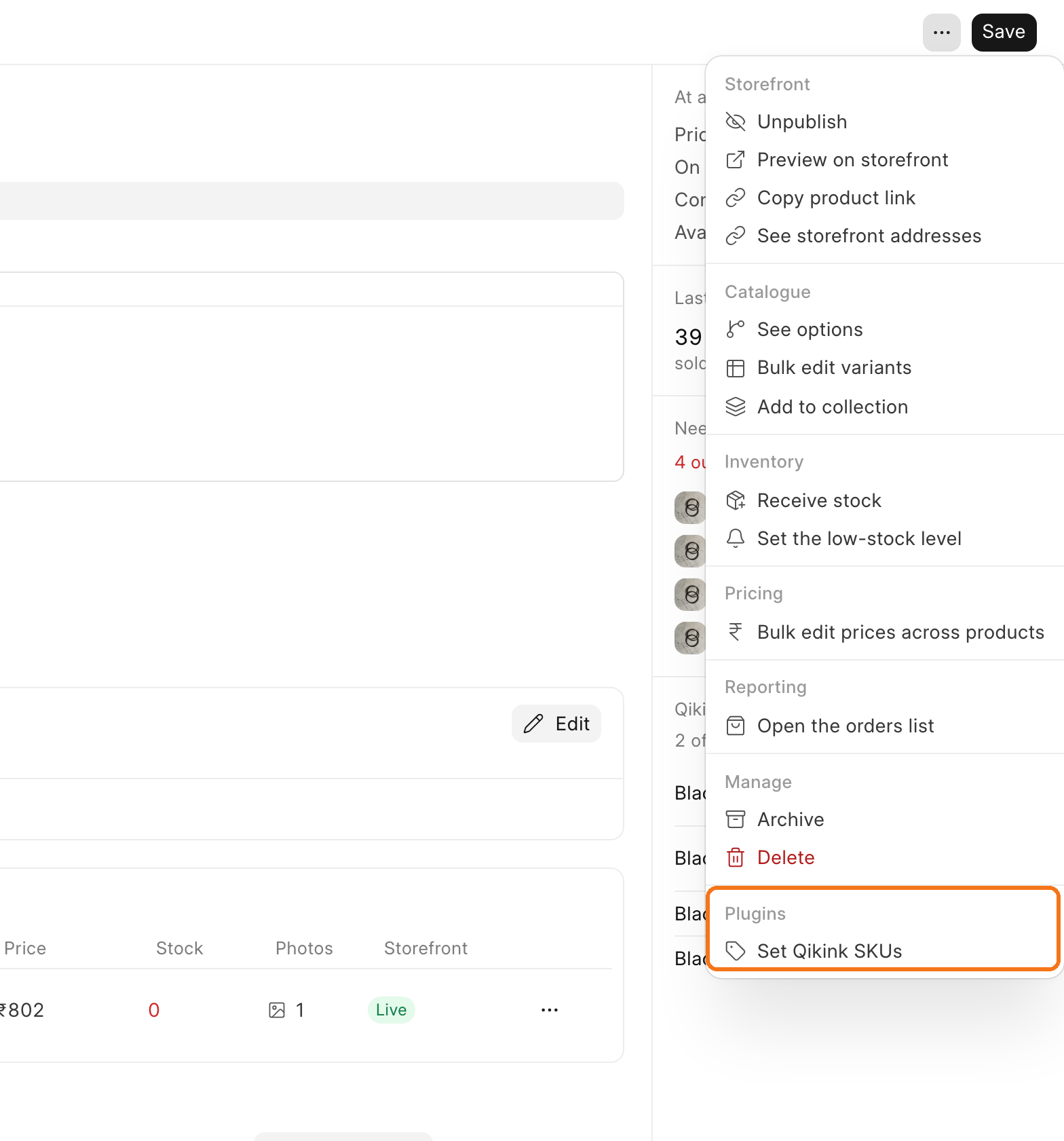 The More actions menu on a product, with Set Qikink SKUs in the Plugins group at the bottom