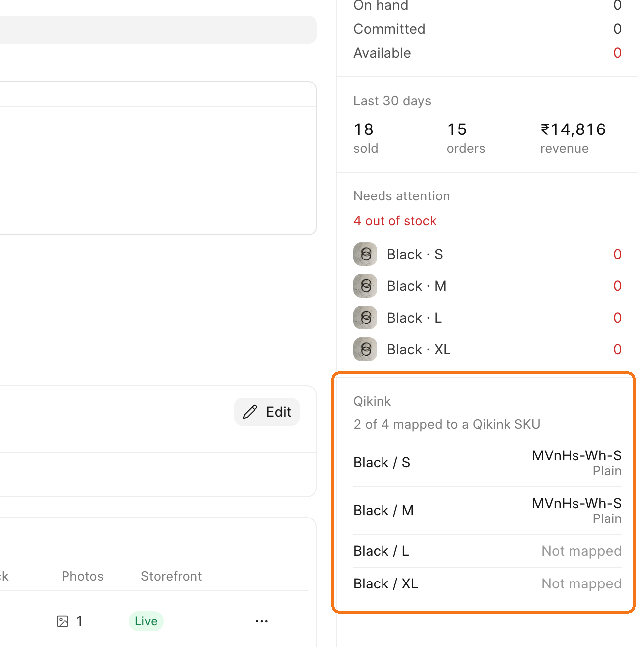 The Qikink card on a product page, below Last 30 days and Needs attention