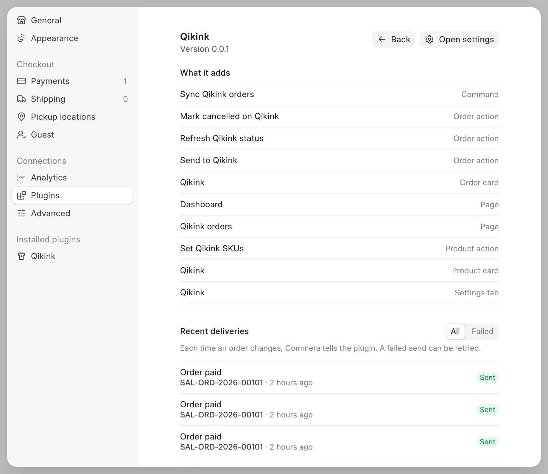 The Qikink detail in Settings > Plugins, with what it adds and its recent deliveries