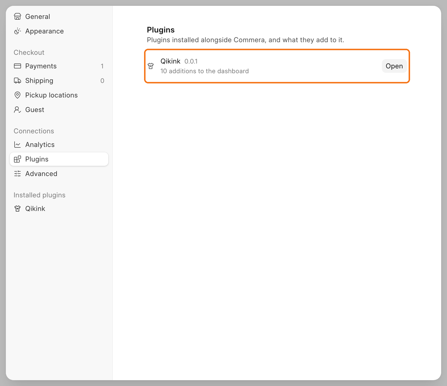 The Plugins list in Settings, with the Qikink row and its 10 additions