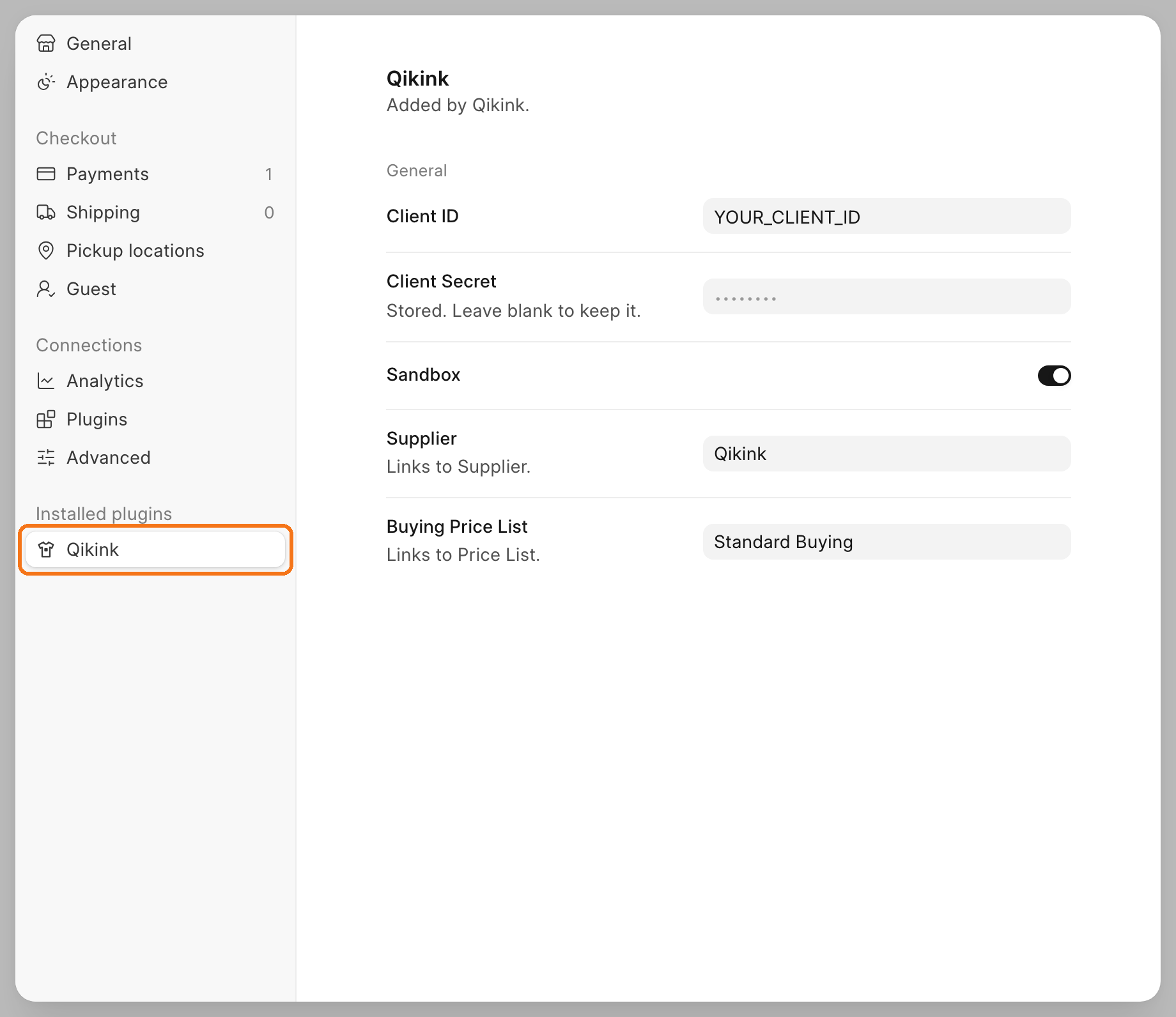 Commera settings with the Qikink tab open under Installed plugins