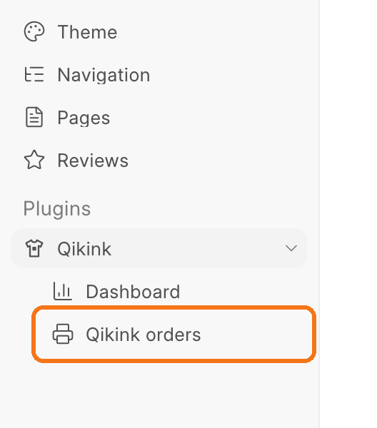 The Plugins group in the sidebar, with the Qikink orders row