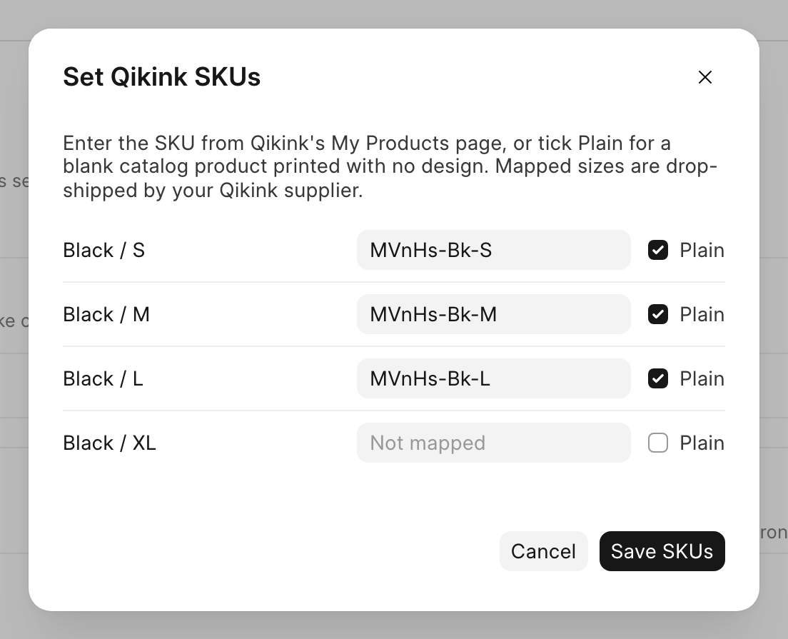 The Set Qikink SKUs dialog