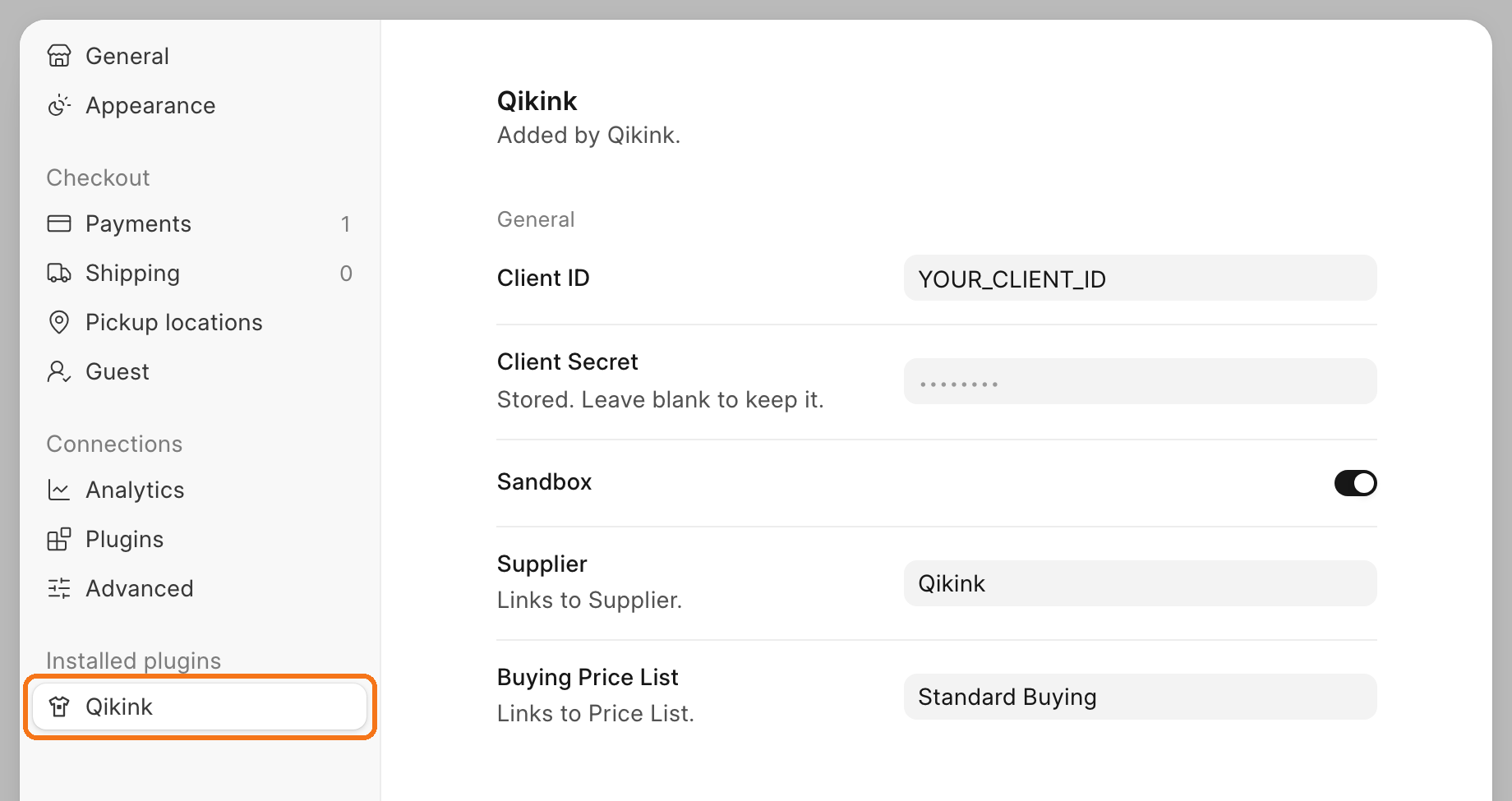 The Qikink tab in Commera settings