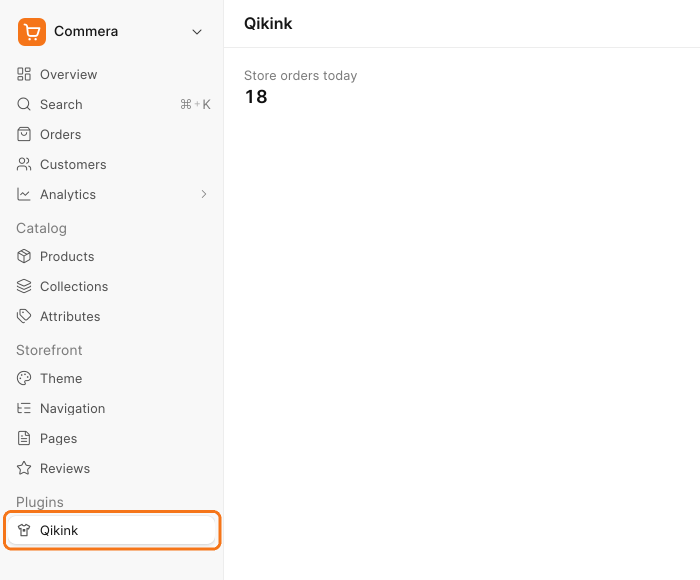 The Qikink row in the Commera sidebar and the starter page