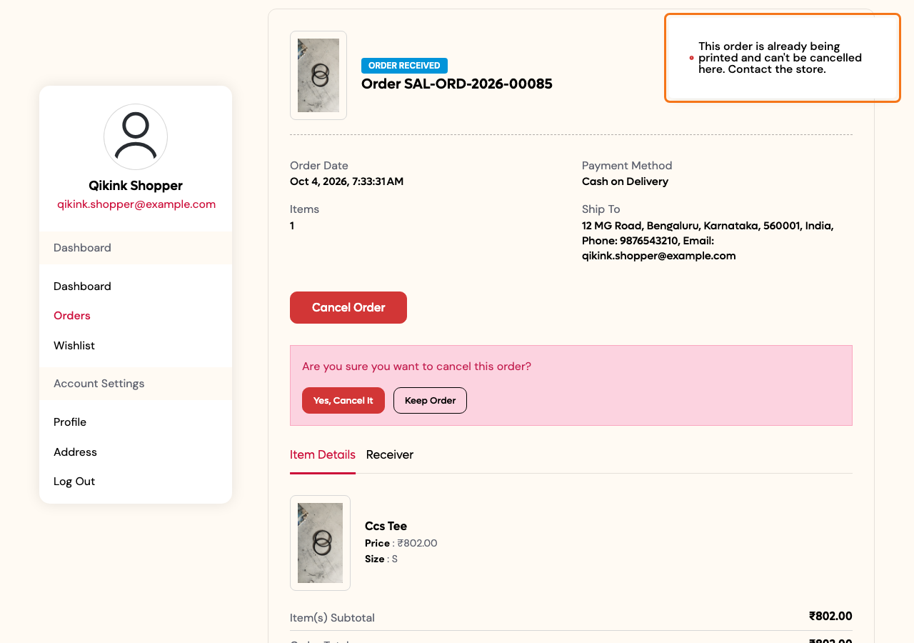 The storefront order page with the refusal toast after the shopper clicks Cancel Order