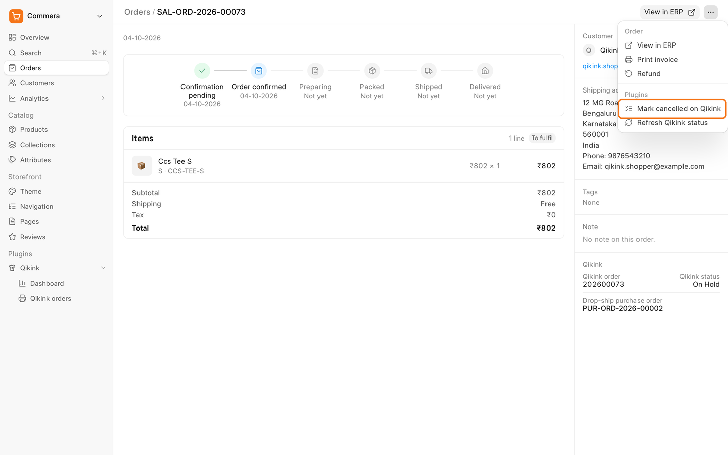 The More actions menu on a sent order with Mark cancelled on Qikink