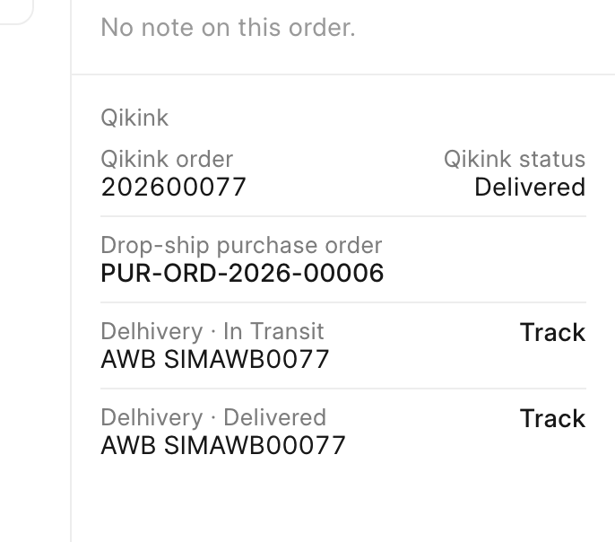 The Qikink card with status Delivered. The second shipment row, Delhivery · Delivered, has the Track link