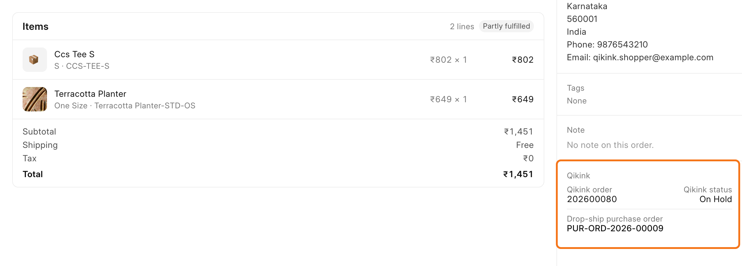 The Qikink card on a sent order with the order number, status and drop-ship purchase order