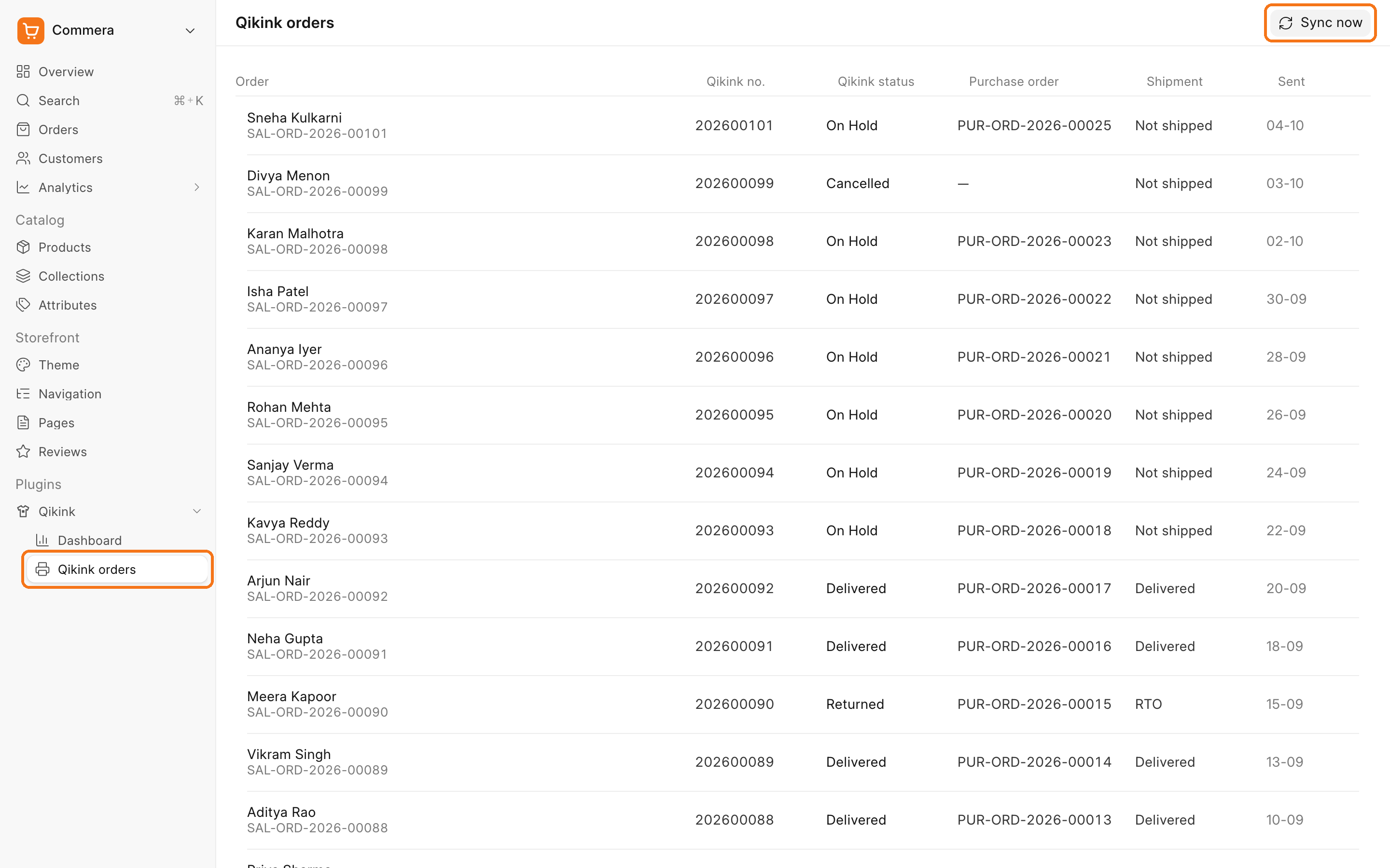 The Qikink orders page with the sidebar row, the Sync now button and three sent orders