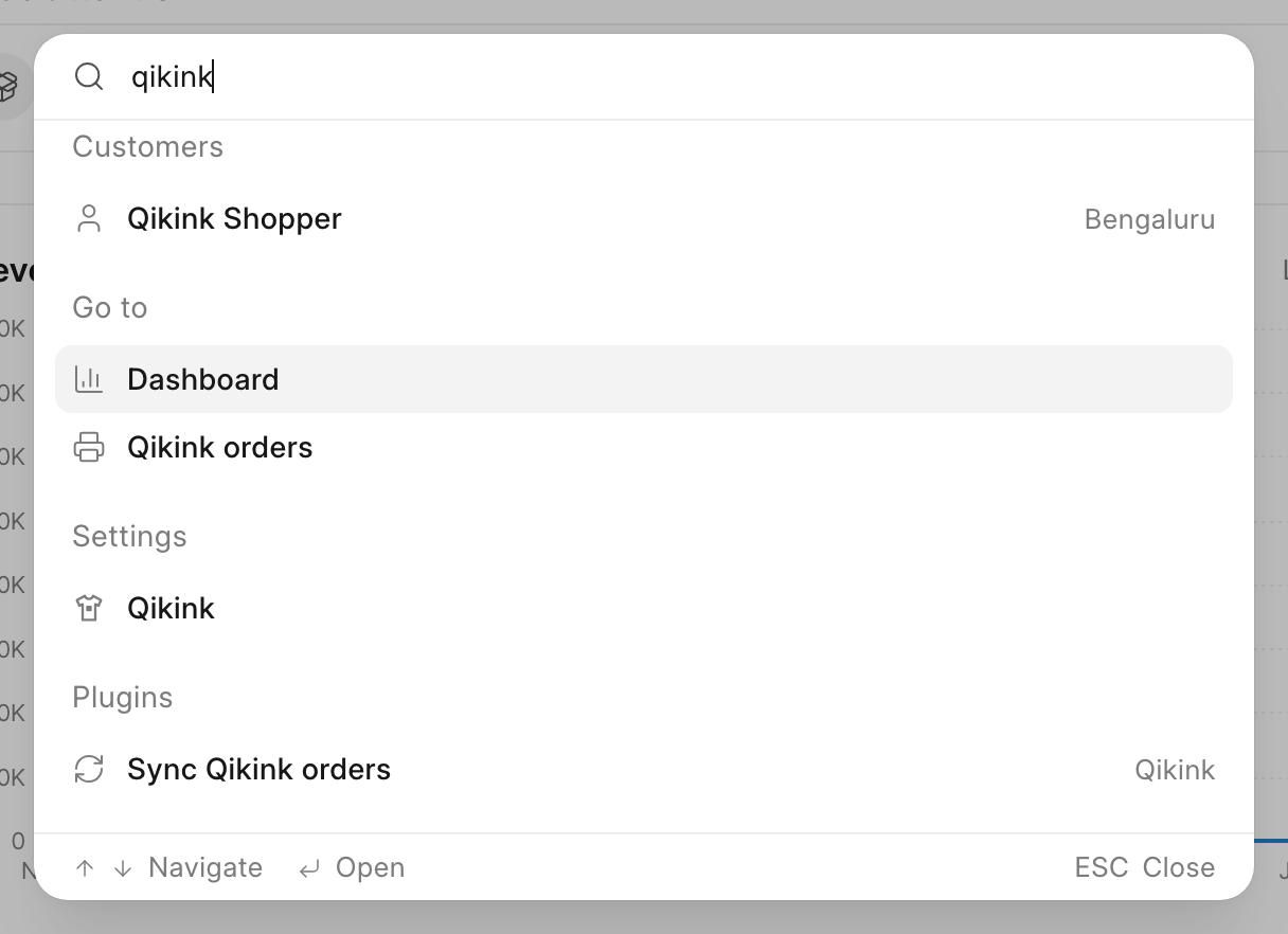 The search palette with qikink typed, showing Qikink orders under Go to and Sync Qikink orders under Plugins