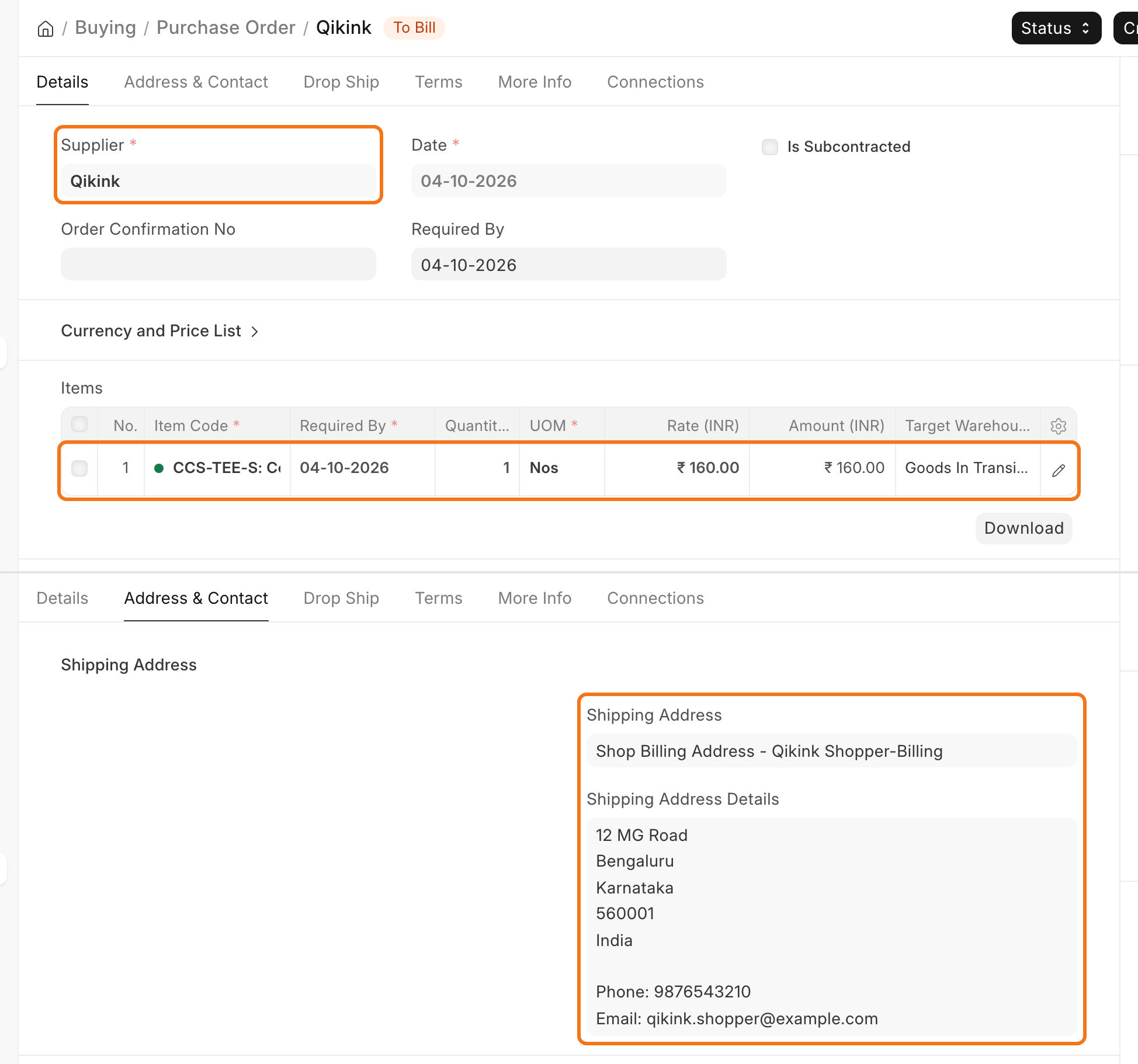 The drop-ship Purchase Order to Qikink with one T-shirt line and the shopper's address